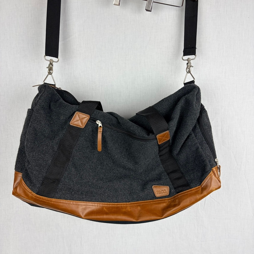 F&CO Charcoal Gray Wool Felt Duffel Bag Tan Leather Trim Weekend Travel Carry On - Picture 2 of 9